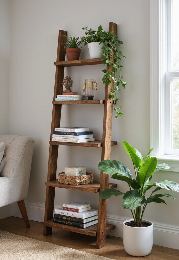 25 Rustic Wood Furniture Ideas That'll Make Your Home Feel Like a Cozy Retreat! - 15. Rustic Wood Ladder Shelf