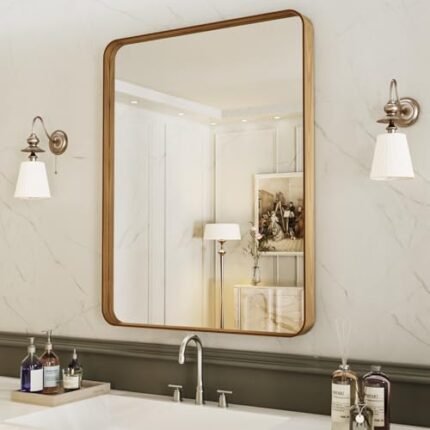 LOAAO 22X30 Inch Bathroom Mirror with Wood Grain Colored Metal Frame, Rounded Rectangle Metal Framed Bathroom Mirror, Anti-Rust, Hangs Horizontally or Vertically