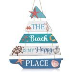 TOARTi 5PCS Wooden Beach Hanging Sign Coastal Themed Wood Plaque The Beach is My Happy Place Wall Sign Coastal Wall Decor for Bathroom Home Seaside Hanging Plaque