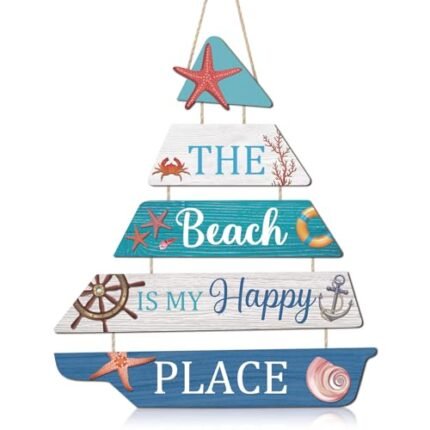 TOARTi 5PCS Wooden Beach Hanging Sign Coastal Themed Wood Plaque The Beach is My Happy Place Wall Sign Coastal Wall Decor for Bathroom Home Seaside Hanging Plaque