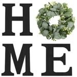 Wood Home Sign with Artificial Eucalyptus Wreath for O, Hanging Farmhouse Wall House Decor Wood Letters for Wall Art Rustic Home Decor, Wall Decor for Living Room Kitchen Entryway (Black)