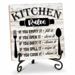 Rustic Wood Plaque with Stand - Kitchen Decor - Kitchen Rules Wood Sign - Idea Wooden Decor for Home Living Room Dining Room Shelf Table Decoration (31)