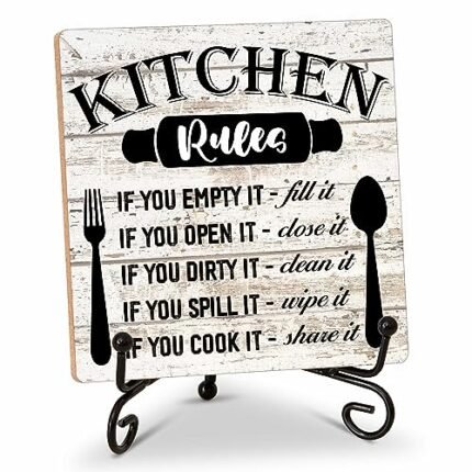 Rustic Wood Plaque with Stand - Kitchen Decor - Kitchen Rules Wood Sign - Idea Wooden Decor for Home Living Room Dining Room Shelf Table Decoration (31)