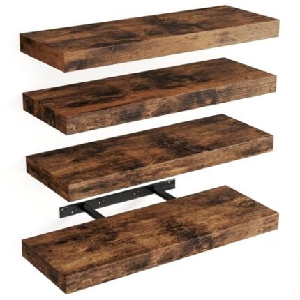 Fixwal 15.8in Floating Shelves, Rustic Wood Finish Wall Shelves Set of 4, Shelves for Wall Decor, with Invisible Brackets for Bathroom, Living Room,Bedroom and Kitchen(Rustic Brown)