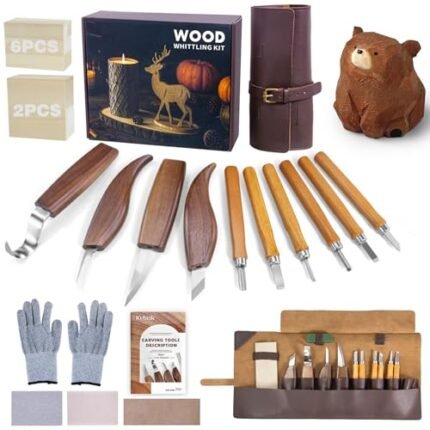 Krbnk Wood Carving Kit for Adults & Beginners – 11 Knives (4+7) Whittling Kit, 8 Basswood Blocks, Complete Wood Carving Tools, Leather Holster, Wax & Instructions – Woodworking & Craft Kit