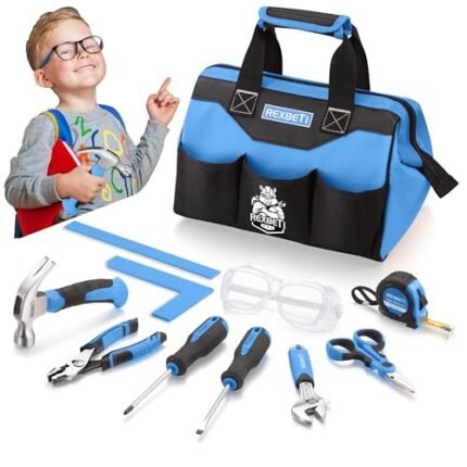 REXBETI 10-Piece Kids Tool Set with Real Hand Tools, Blue Durable Storage Bag, Children Learning Tool Kit for Home DIY and Woodworking,6+ Year Old Birthday Gift