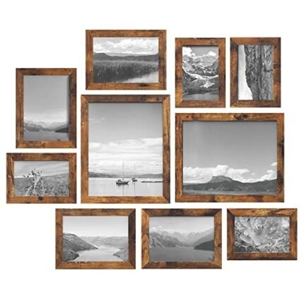 SONGMICS Picture Frames, Collage Picture Frames Set of 10, Two 8x10, Four 5x7, Four 4x6, Photo Frame for Wall Gallery Decor, Table Display, Glass, Rustic Brown URPF010X01