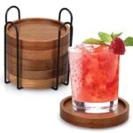 6 Pcs Best Wooden Coasters with Holder Coffee Table Decor Acacia Wood Coaster Set Modern Cup Coaster for Drink Home Dining Table Kitchen Accessories Cute Beer Bar Decorative Rustic Outdoor Coasters