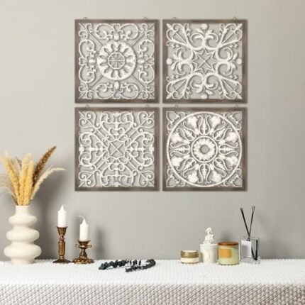 Tatuo 4 Pcs Wood Art Wall Decor Farmhouse Decorative Wood Panels Modern Wall Decor for Living Room Home Kitchen Dining Room(Square,Brown, White)
