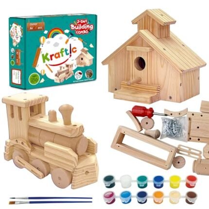 Kraftic Woodworking Building Kit for Kids and Adults, 2 Educational DIY Carpentry Construction Wood Model Kit Toy Projects for Boys and Girls - Build a Wooden Town Hall Birdhouse and Train