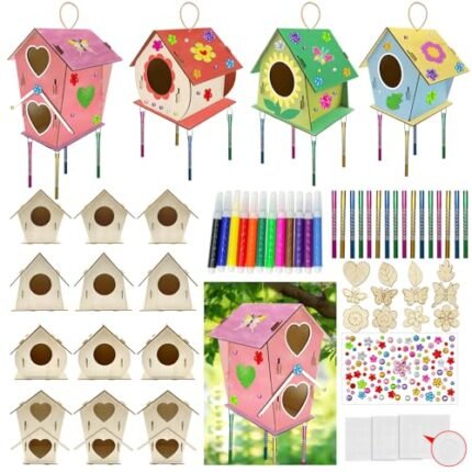 12 Sets DIY Wooden Birdhouse Craft Kit，Build and Paint 4 Shapes Unfinished Wood Houses with Watercolor Pens Creative Bulk Art Supplies for Spring Party Garden Decor School or Home Projects（small）