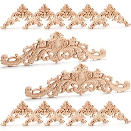 Coloch 12 Pieces Wood Appliques Onlays, Decorative Wooden Applique Trim Carved Unpainted DIY Onlay for Bed, Door, Cabinet, Dresser, Wardrobe, Furniture Decoration, 2 Sizes