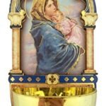 Religious Gifts Madonna of The Streets Gold Embossed Laser Cut Wood Multi-Dimensional Holy Water Font, 5 Inch