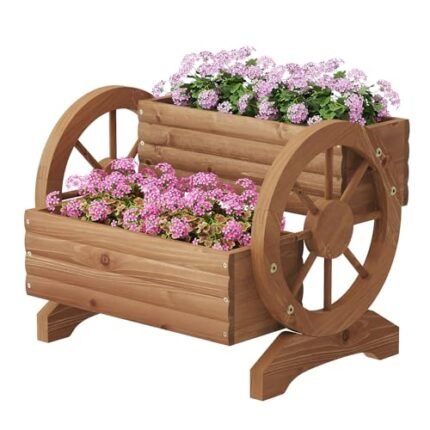 Wooden Flower Cart with Wheels Wooden Wagon Planter Outdoor Garden Planter, Decor Planter for Patio Balcony Decoration Succulent Flower Pot Flower Cart for Indoor Backyard Balcon Décor