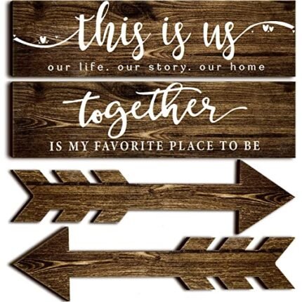 Jetec 4 Pcs This is Us Our Life Wooden Arrow Wall Decor Rustic Family Signs for Home Wall Decor Home Wooden Hanging Sign for Farmhouse Living Room, 15 x 4 x 0.2 Inch(Brown)