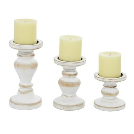 Deco 79 Wood Decorative Candle Holder Turned Style Candle Stand, Set of 3 Candlestick Holder 8", 6", 4"H, White