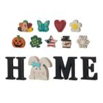 Glitzhome Interchangeable Home Table Signs with 13 Pcs Seasonal Icons, Wooden Changeable Home Sign for Holiday Decor, HOME Letter Sign Ornaments Set Interchangeable Holiday Decorative Shelf Blocks