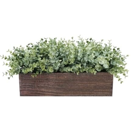 Winlyn 14" Artificial Eucalyptus in Rectangular Wood Planter Box Faux Plants Arrangement Centerpiece Wooden Potted Eucalyptus Plant for Farmhouse Wedding Dining Table Centerpiece Greenery Mantel Décor