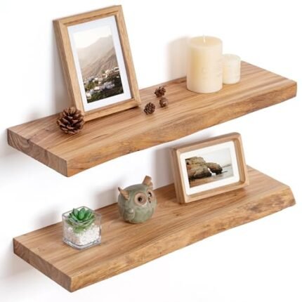 FLYJOE Floating Shelves for Wall Decor, Rustic Solid Elm Wood Floating Shelves Wall Mounted, Wall Shelves with Invisible Bracket for Living Room Bathroom Bedroom Kitchen, 24 Inch Set of 2, Natural