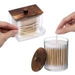 Tbestmax Q-Tips Holder: 10/7 OZ Cotton Ball/Swab Dispenser with Brown Wood Lid - Apothecary Jar Organizer - Image 3