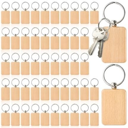 WRINGKIT 50 Pieces Wood Keychain Blank, Unfinished Laser Engraving Blanks with Key Rings, Rectangular Keychain Ring Tag Wood Sign Bulk for DIY, Crafts Gift, Pet Tags