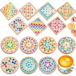 Reallnaive DIY Glass Mosaic Tiles for Crafts, Mixed Color Mosaic Kits with Wooden Coaster Adults DIY Kit for Coaster Handmade Home Gifts(Assorted Style,14 Sets)