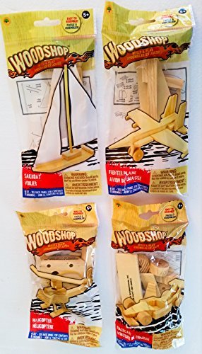 Woodshop DIY Wood Model Kits - Fighter Plane, Race Car, Helicopter (and Sailboat OR Pirate Ship) Kids Set of 4