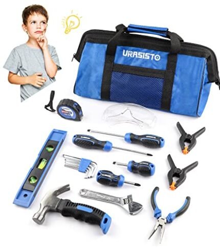URASISTO 18-Piece Kids Tool Set with Tool Storage Bag, Junior Real Hand Tool Kit for Boys & Girls, Children Learning Tools for DIY Building and Woodworking, Age 8+