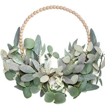 TEMPUS 16” Artificial Wood Bead Eucalyptus Wreath - Indoor/Outdoor Seasonal Farmhouse Door Decor with Artificial Greenery Perfect