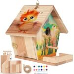Bird Houses for Outside to Build, DIY Birdhouse Kit with Paint Set, Wooden Bird House with Feeder Trough, Natural Woodworking Kits for Kids and Adults Bird Nest