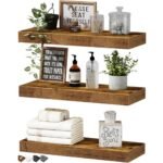 QEEIG Floating Shelves for Wall Bathroom Shelf Bedroom Kitchen Living Room Hanging Book Shelves Small Farmhouse Decor 16 inch Set of 3, Rustic Brown (015-BN3)