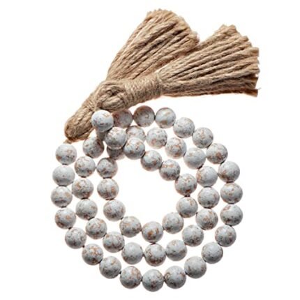 Farmhouse Wood Bead Garland Home Decor, Natural Wooden Garland for Tiered Tray, Decorative Tassel for Tier Tray, Rustic Beads Centerpiece Boho Table Decor, Beaded Accent White Washed