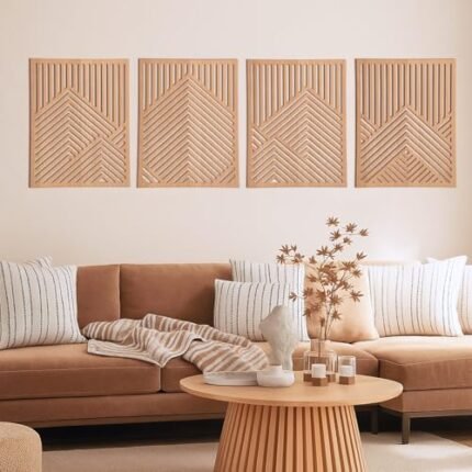 Wesiti 4 Pcs Wood Mountain Wall Art Wooden Panel Decor Modern Wooden Wall Sculptures Abstract Mountain Line Wall Art Forest Rustic Nature Decor Hanging for Living Room Bedroom Bathroom 17 x 12''