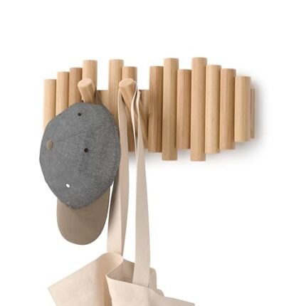 Umbra Picket 5 Hooks, Wall-Mounted Rail, Doubles as Art, Beveled Pine Wood Dowels, Natural Finish