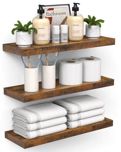 BAYKA Floating Shelves for Wall – Bathroom Shelves Rustic Wood with Metal Brackets for Bathroom, Bedroom, Kitchen, or Living Room Decor – Rustic Brown, Set of 3, Sturdy Storage with 22lb Capacity
