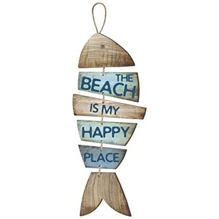 Qunclay Beach Wall Decor Wooden Beach Decorations for Home Coastal Fish Sign is My Happy Place Signs Hanging Wall Decor for Bathroom Bedroom Home Decoration