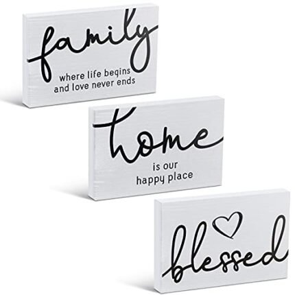 Jetec 3 Pcs Family Home Blessed Rustic Wood Sign Mini Wood Decorative Farmhouse Woodworks Table Shelves Decorations Sign for Bedroom Kitchen Living Room Table Decor(White,4.25 x 2.76 x 0.59 in)