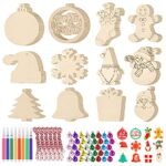 Virgooer 60pcs Christmas Crafts for Kids DIY Wooden Christmas Ornaments for Crafts Unfinished Wood Slices with Bells, Wood Kit for Crafts with 8 Coloured Pen and 60 Jingle Bells