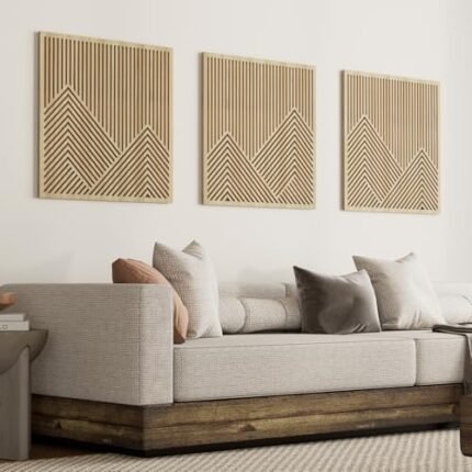Yaofala 3 Pcs 23" x 23" Large Wood Mountain Wall Art, Modern Wooden Panel Mountain Wall Decor, Landscape Nature Abstract Line Minimalist Wall Art for Living Room Bedroom Study (Brown)
