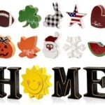 Interchangeable Home Table Signs with 11Pcs Seasonal Icons, Wooden "HOME" Letter Signs Interchangeable Holiday Decorative Table Centerpiece Shelf Sign for Holiday Decoration