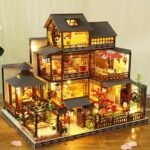 KOOMEKI Miniature Dollhouse DIY Set with Decoration Furniture and LED Lights, 1:24 Scale DIY Wooden Dollhouse Kit with English Instructions, Birthday Gift or Party Favors (Japanese Courtyard Style)