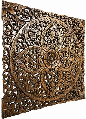 Floral Wood Carved Wall Art Panel. Decorative Bali Asian Home Decor Headboard (24"x24", Brown)