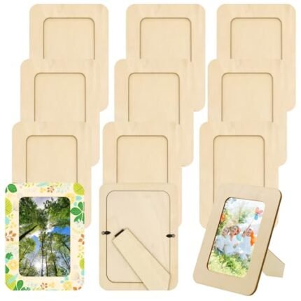 RYKOMO 12 Pieces DIY Wooden Picture Frames, Unfinished Solid Wood Photo Picture Frames for 4 x 6 in Photos, Standing Wooden Picture Frame for Crafts, DIY Painting, Birthday, Wedding