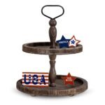 Mustry Rustic Wooden 2 Tiered Tray, Round Farmhouse Kitchen Table Decor Serving Tier Tray, Food Fruits Cupcake Display Coffee Bar Home Party Seasonal Decorations (Brown)