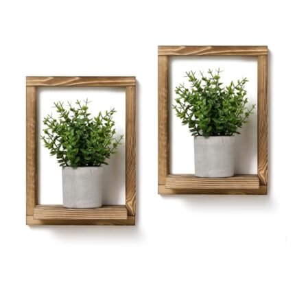 SOONOW 2 Pack Wooden Framed Shelves with Fake Plants for Home Wall Decor, Modern Farmhouse Wood Wall Art for Living Room, Bedroom, Bathroom