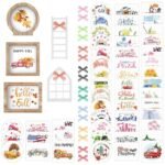 Bencailor 48 Pcs Interchangeable Seasonal Farmhouse Tiered Tray Decor Set Include Wood Frames with Ladders Cards Bow Knot,Tray Not Included(Year Round Seasonal)