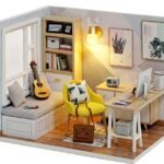 CUTEROOM DIY Doll Room Miniature Furniture Wooden House Kit - Wooden Dolls House Kit with Dust Cover & LED Light and Accessories - QT Series Dollhouse