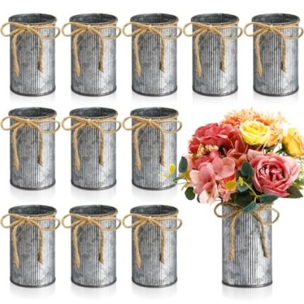Domensi 4.33 Inch High Farmhouse Vase Decor Vintage Flower Vase with Twine Bow Rustic Galvanized Metal Buckets for Artificial Flowers for Table Centerpiece Weddings Home(Iron Color,12 Pcs)