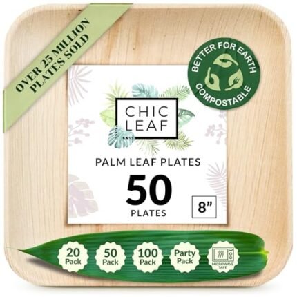 Chic Leaf Palm Leaf Plates Disposable Inch Square Pack Compostable Biodegradable & Eco Friendly Plates for 4th of July - Microwave Safe, Disposable for Party Events or Wedding Decor (50, 8" Pack)