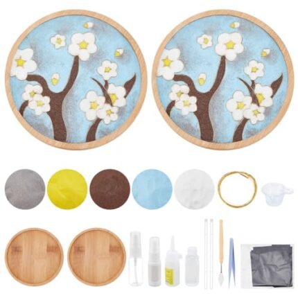 WEBEEDY 2 Sets DIY Filigree Enamels Kits Art Crafts,Wooden Flower DIY Drinking Cup Coaster for Beginners with Instructions,Coasters for Crafts Blank Base Trays,Handmade Home Decor Gifts
